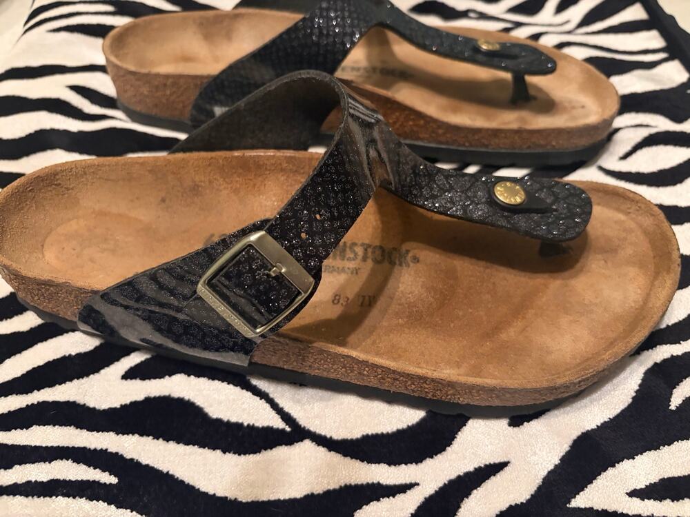 Birkenstock Gizeh Sandals 11-11.5 Narrow Black Glitter Thong Buckle Germany